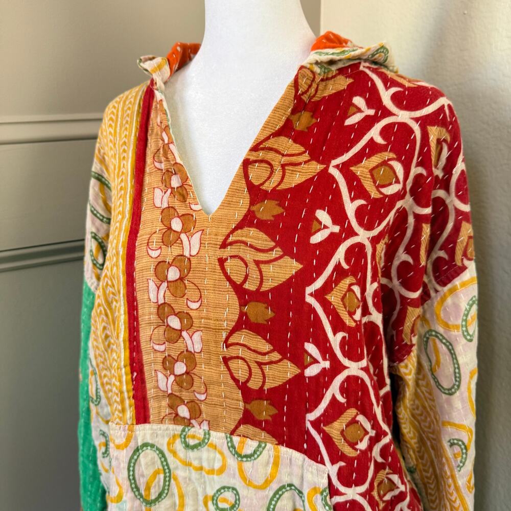 Handmade Kantha Reversable Patchwork Boho Hoodie Jacket Floral Est L/XL - Picture 2 of 8